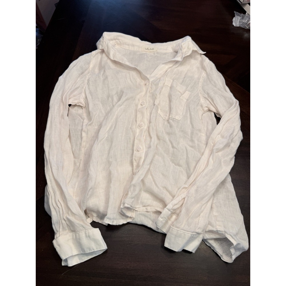 Bella Dahl Linen blouse top pink blush small  Long Sleeve Button-Down V-Neck